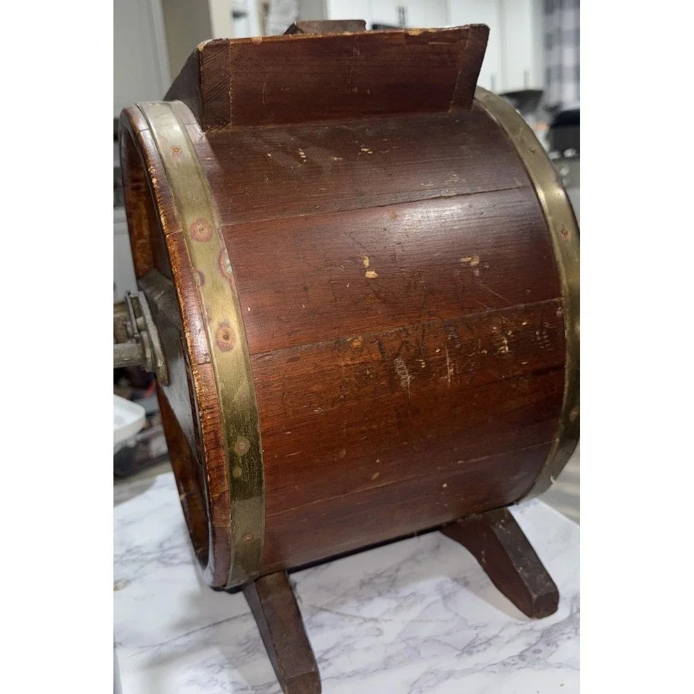 VTG ANTIQUE EARLY WOODEN TABLE TOP BARREL STYLE BUTTER CHURN HAND CRANK WOOD